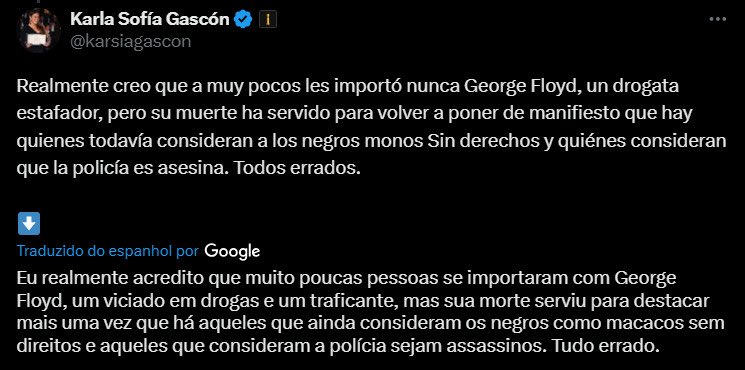 Adversária de Fernanda Torres no Oscar, Karla Sofía Gascón é exposta nas redes sociais atacando o islamismo e a memória de George Floyd 